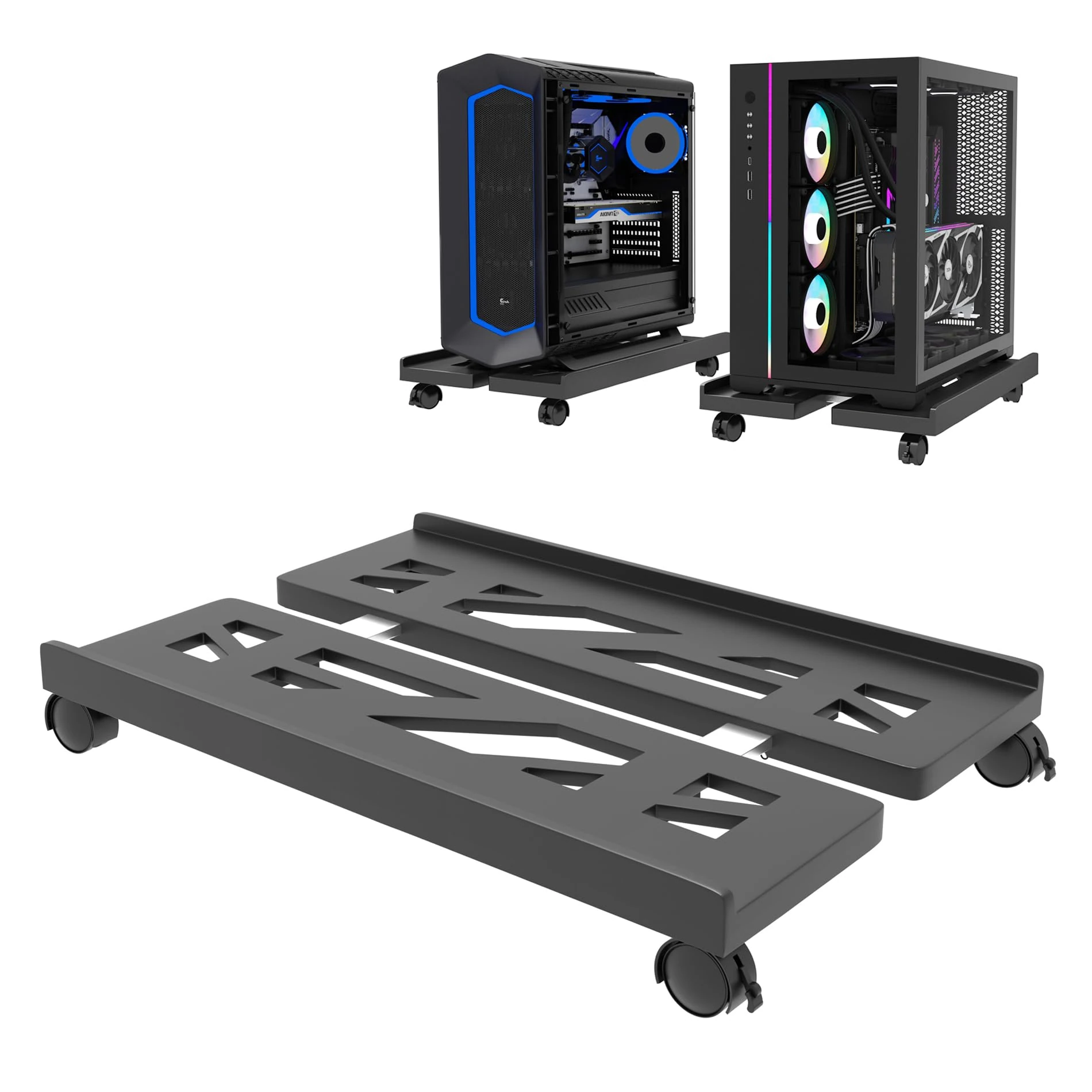 Hmfmdy Mobile CPU Stand, Desktop PC Stand, Adjustable Computer Tower Stands CPU Rolling Stands, Computer Mobile Cart Holder with Locking Rolling Caster Wheels Fits Most PC Gaming Case - Black