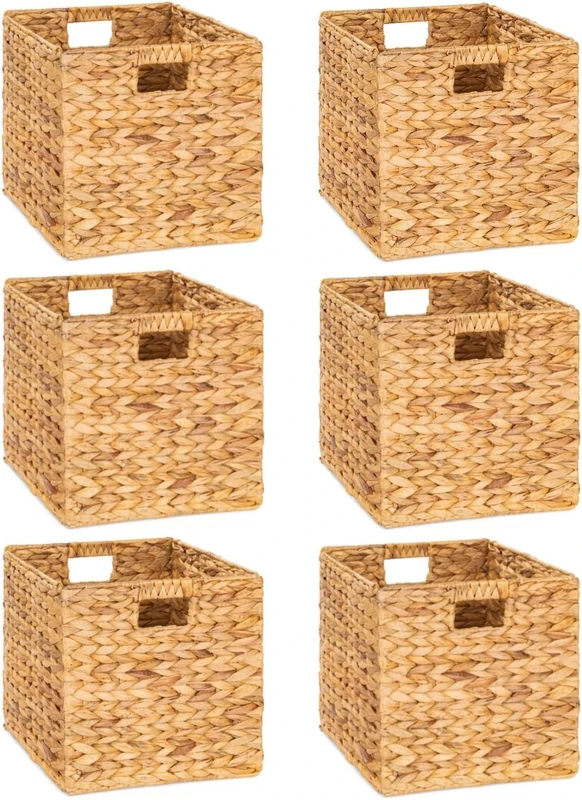 M4DECOR Water Hyacinth Storage Baskets, Wicker Storage Baskets for Shelves, Woven Baskets for Storage, Wicker Storage Basket for Bedroom, Living Room, Nursery Room (Natural 6 Packs 10.5x10.5in)