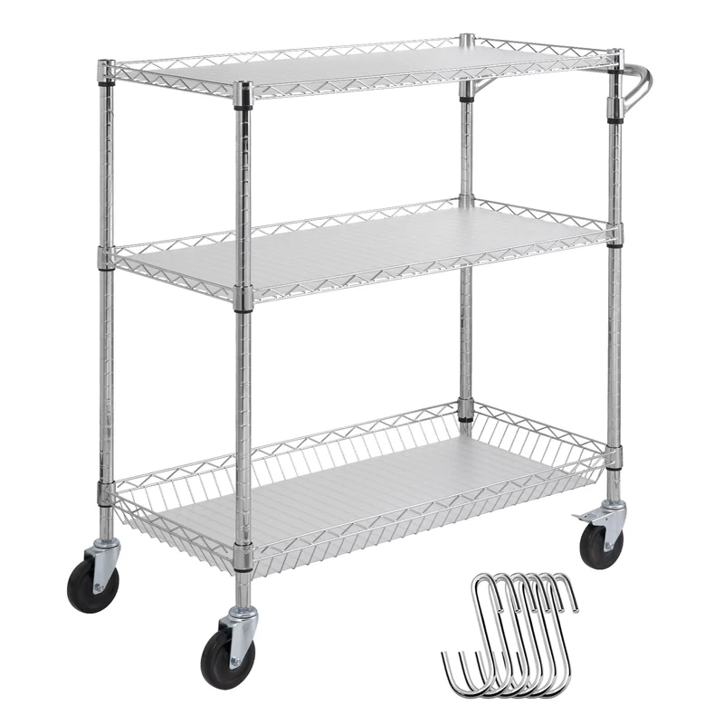 VEVOR Kitchen Utility Cart, 3 Tiers, Wire Rolling Cart with 2.9m Capacity, Steel Service Cart on Wheels, Metal Storage Trolley with 80mm Basket Curved Handle PP Liner 6 Hooks, for Indoor and Outdoor