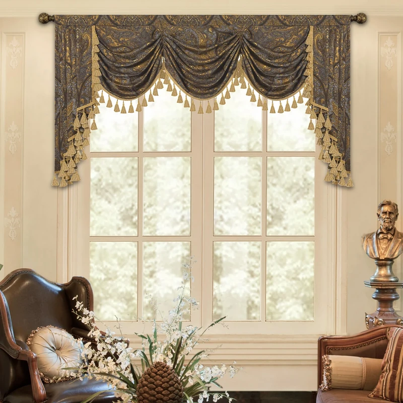 Loom and Mill Luxury Jacquard Waterfall Valance for Living Room, Classic Antique Swag Window Valances with Tassels, Bronze Gold Swag Curtains for Bedroom Banquet Holiday Decoration(W79Inch,1 Panel)