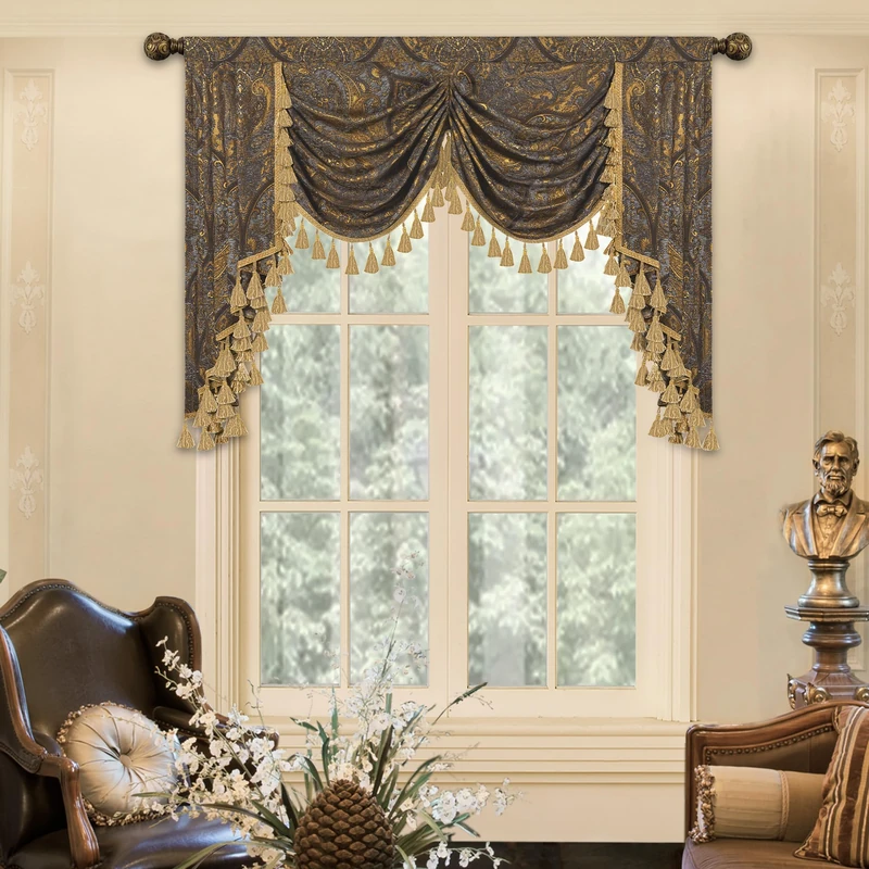 Loom and Mill Luxury Jacquard Waterfall Valance for Living Room, Classic Antique Swag Window Valances with Tassels, Bronze Gold Swag Curtains for Bedroom Banquet Holiday Decoration(W59Inch,1 Panel)