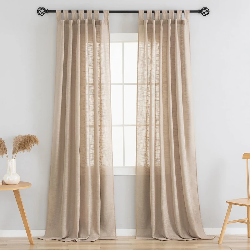 VOILYBIRD Linen Semi Sheer Curtains Tab Top Light Filtering Elegant Curtains & Drapes for Living Room (Tan, W52 x L96, 2 Panels)