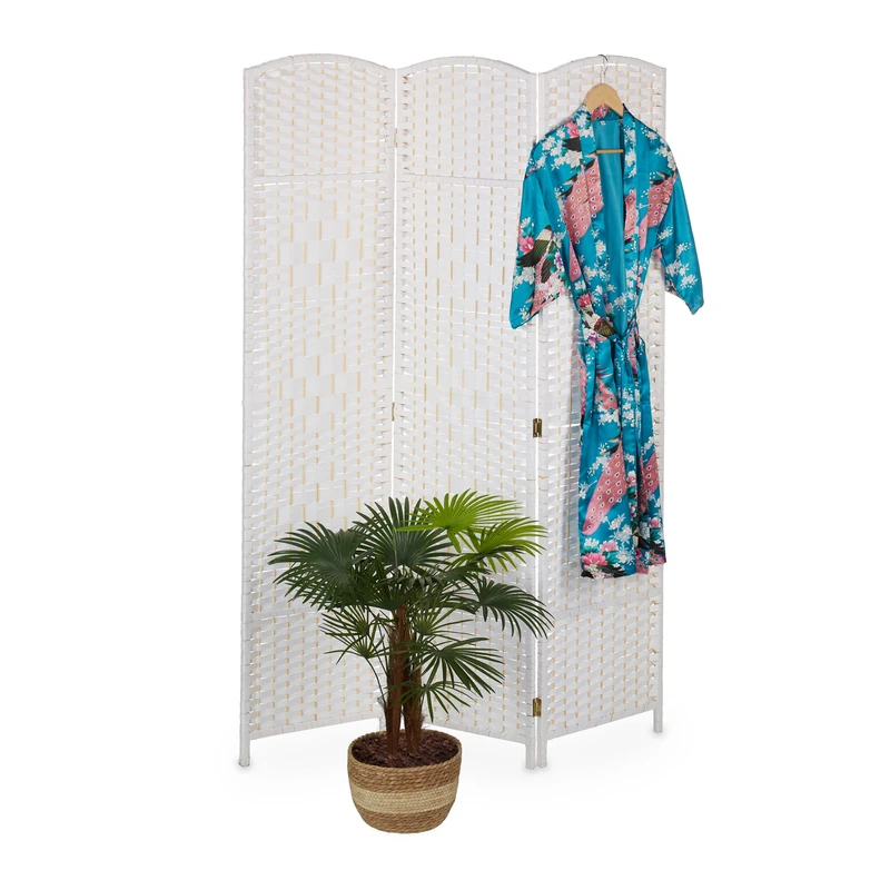 Relaxdays Screen, HxW: 170 x 120 cm, Partition Wall, Wood & Paper Cord, 3 Panels, Folding Room Divider, White