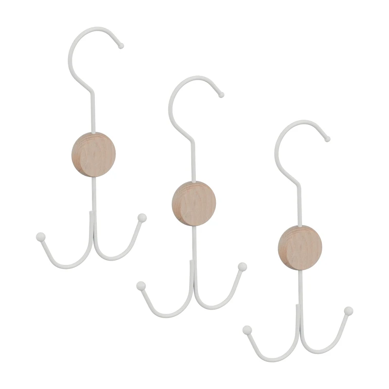 Relaxdays Set of 3 Belt Holder, 2 Hooks Each for Bags, Ties etc, Wardrobe Organiser, Metal, Wood, 21.5x11x1.5cm, White - Image 1