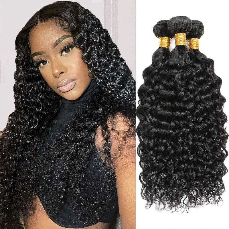 Water Wave Bundles 100% Unprocessed Brazilian Virgin Hair Bundles (10 12 14 Inch) Wet and Wavy 3 Bundles Human Hair Extensions for Black Women Natural Color