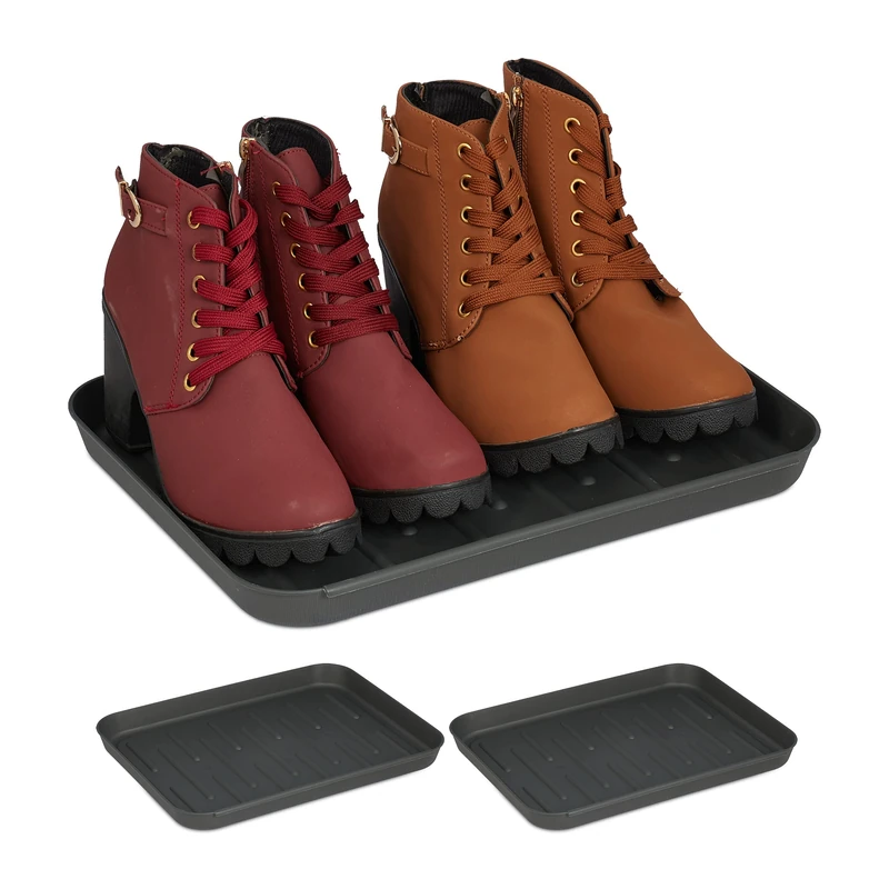 Relaxdays Shoe Trays, Set of 3, Hallway Storage for Muddy or Wet Boots, Wellies & Trainers, 35 x 27 cm, Plastic, Grey