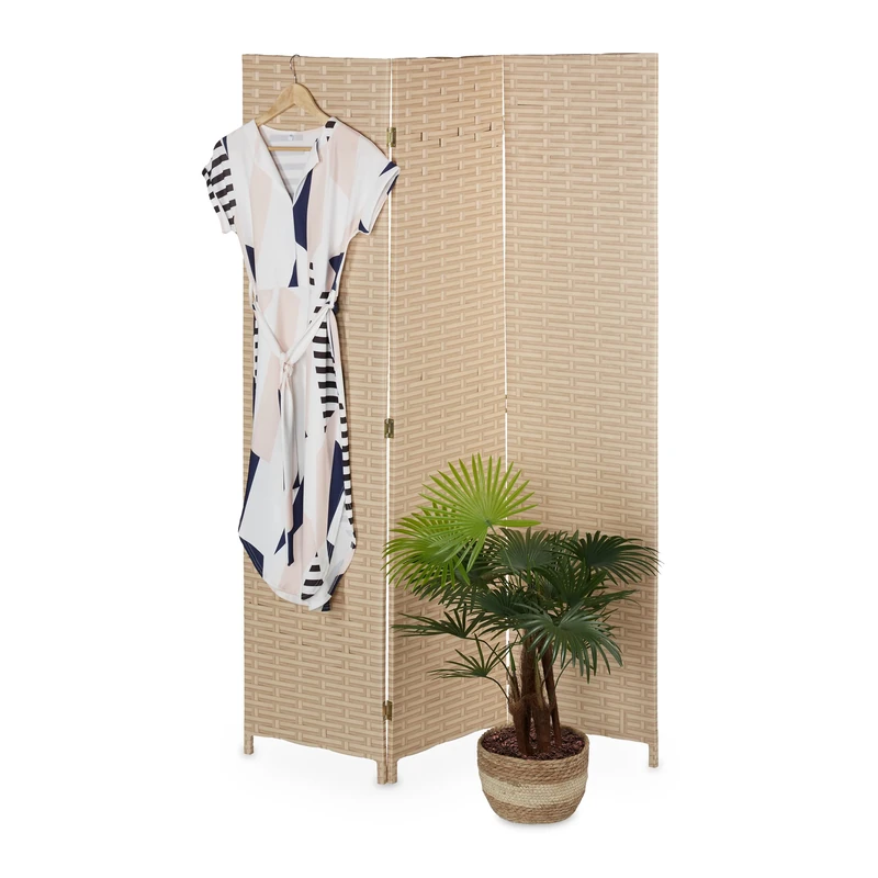 Relaxdays Screen, 3 Panels, Folding Room Divider, 170 x 120 cm, Partition Wall, Plastic & Wood, Light Brown