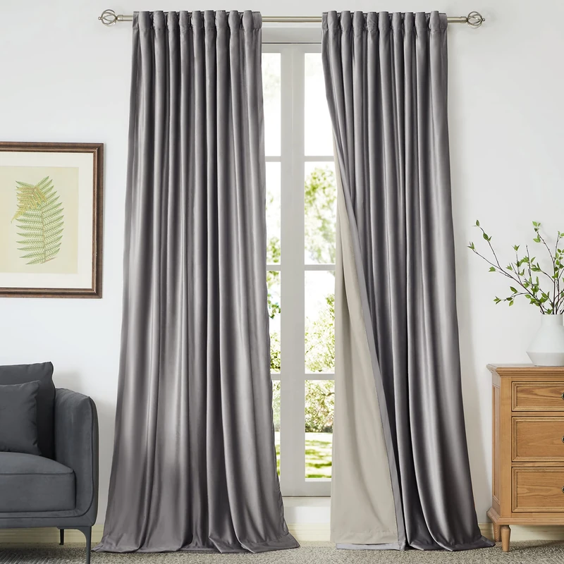 100% Full Blackout Silver Grey Velvet Curtains 84 inch Long for Living Room,Set of 2 Panels Liner Rod Pocket Back Tab Thermal Window Curtains Room Darkening Heavy Decorative Drapes for Bedroom