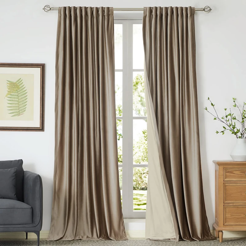 PRIMROSE Blackout Taupe Velvet Curtains 84 inch Long for Living Room, Set of 2 Panels Liner Rod Pocket Back Tab Thermal Window Drapes Room Darkening Heavy Decorative Curtains for Bedroom