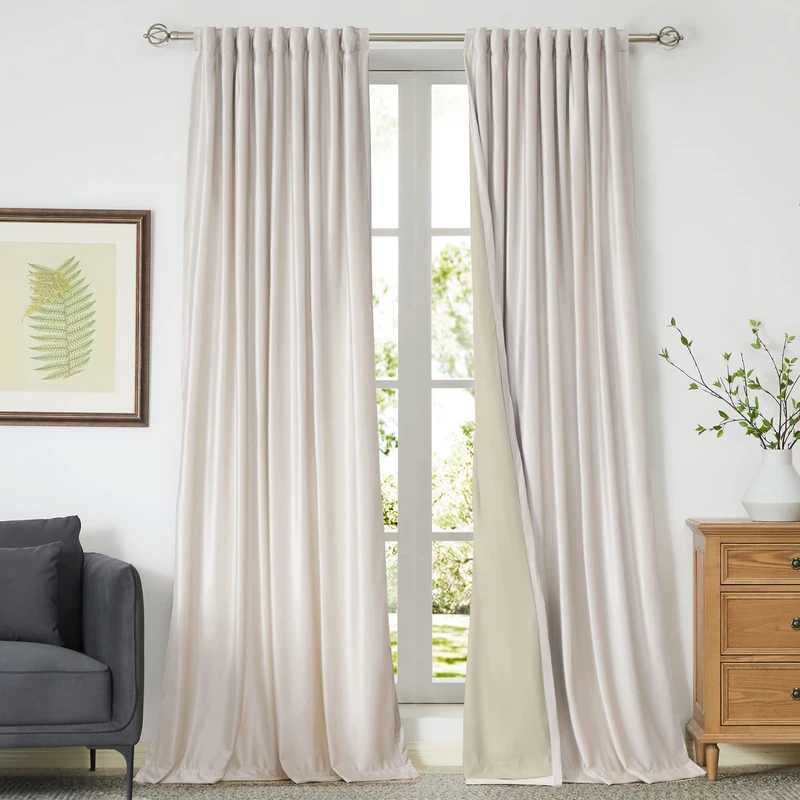 100% Blackout Ivory Off White Velvet Curtains 84 inch Long for Living Room,Set of 2 Panels Liner Rod Pocket Back Tab Thermal Window Drapes Room Darkening Heavy Decorative Curtains for Bedroom - Image 1