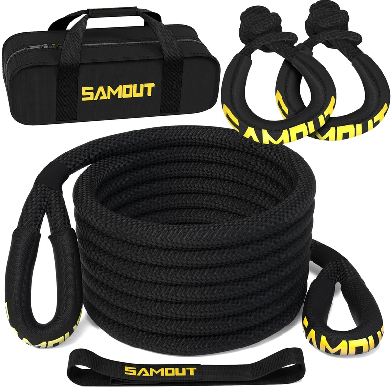 SAMOUT Kinetic Recovery Rope (48000Lbs 1in x 30ft) + 2PCS Synthetic Soft Shackle, Extreme Duty 30% Elasticity Energy Snatch Strap for 4x4 Offroad Vehicle