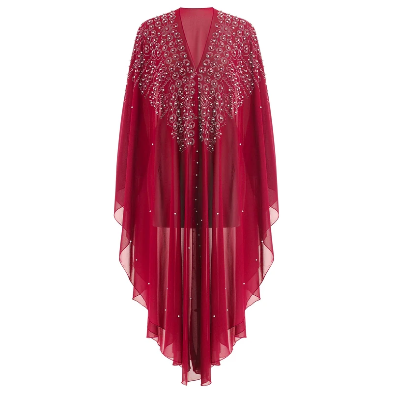 IBTOM CASTLE Muslim Dress for, Kaftan Abaya Chiffon Hooded Batwing Sleeved Beaded Embroidered with Modern Elegant Dubai Moroccan Caftan Arabic Party Wear Red-Circles One Size