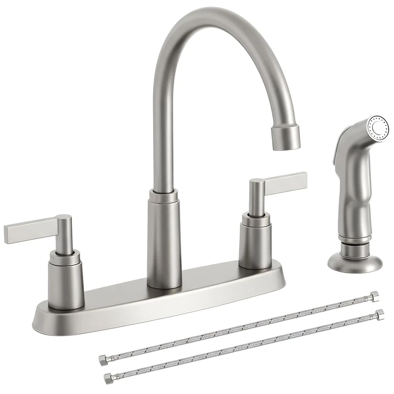 Kitchen Faucet with Sprayer, Brushed Nickel Stainless Steel Kitchen Sink Faucet with Side Sprayer, 3 Hole or 4 Hole Faucet for Kitchen Sink, Commercial RV Laundry Utility Kitchen Faucet KMF023L-1 - Image 1