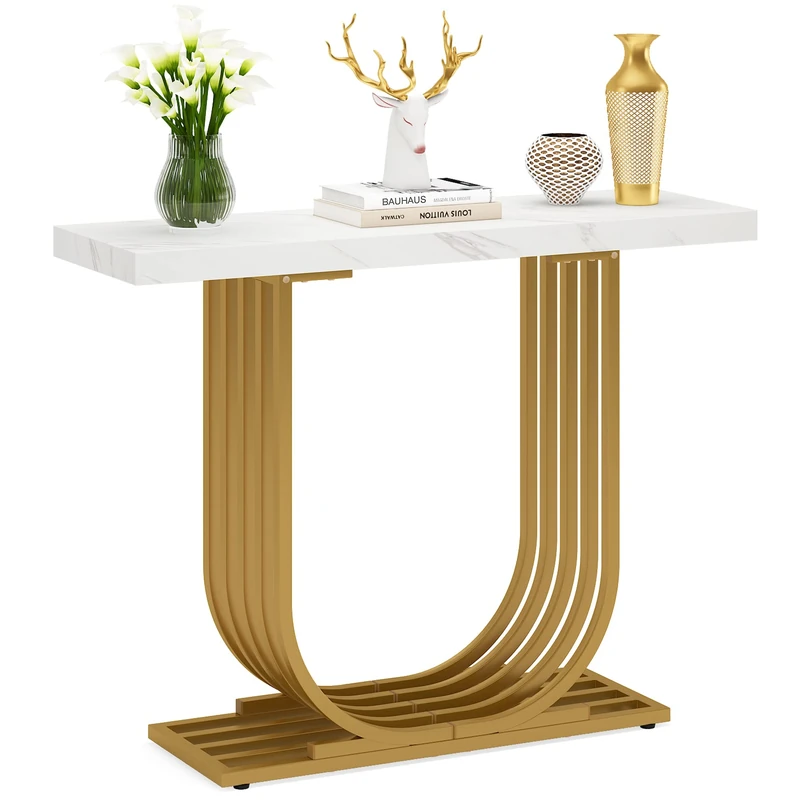 LITTLE TREE Faux Marble Gold Console Table, Modern Entryway Foyer Table, 39.4” Narrow Sofa Accent Table with Geometric Metal Legs for Living Room, Hallway, Entrance, White & Gold