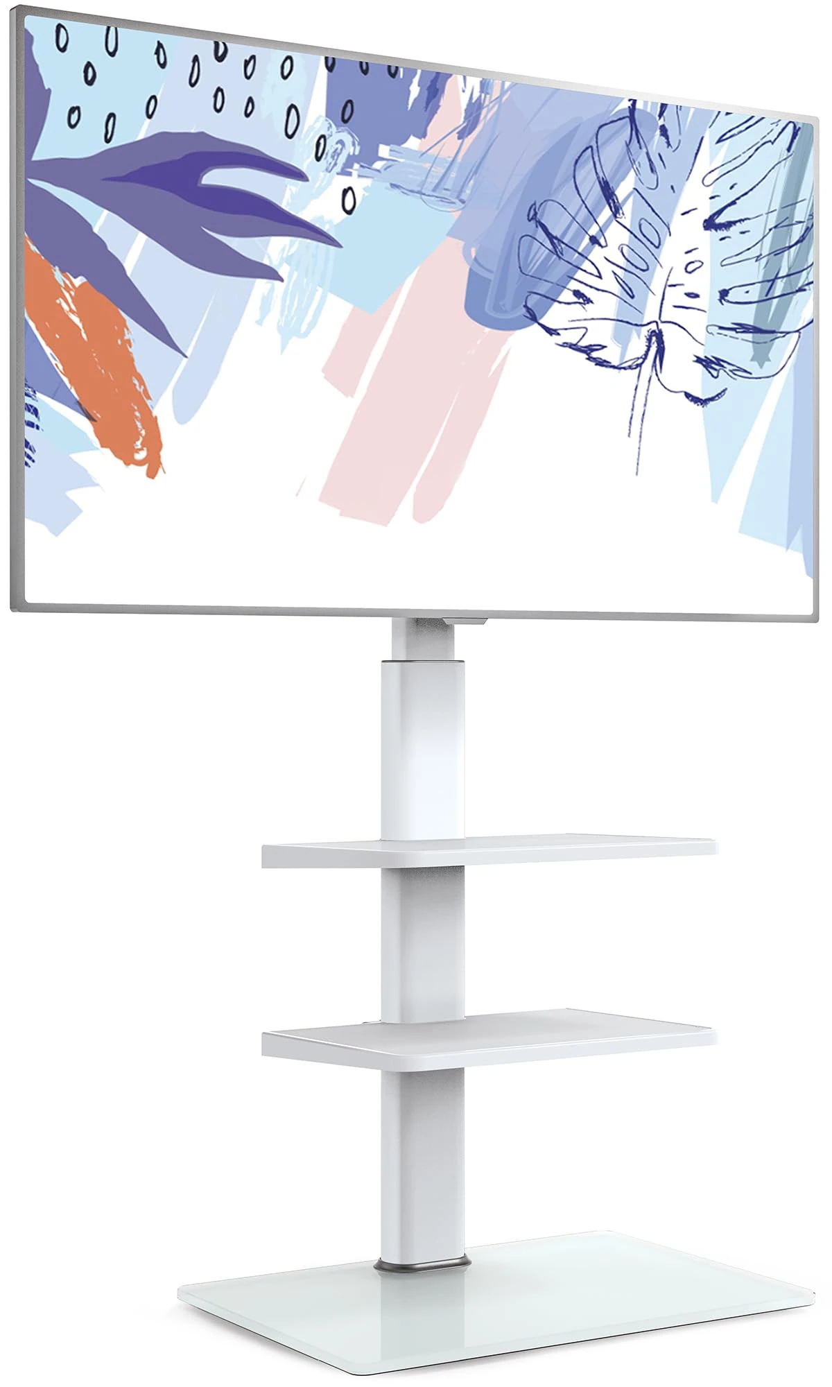 FITUEYES White TV Floor Stand for 32 to 60 inch TVs, Floor Standing TV Stand with 2 Adjustable Shelves, Swivel Bracket, Height Adjustable, Holds 30kgs, Max VESA 600x400mm