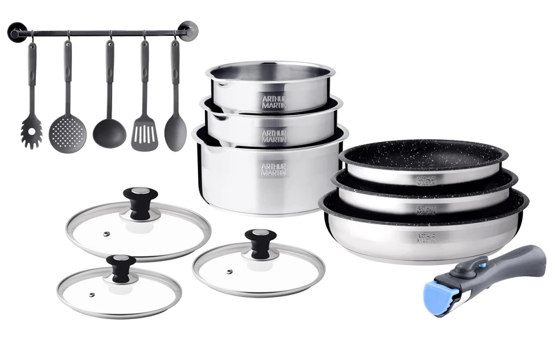 Set of 15 Saucepans 16-18-20 cm Frying Pan 20-22-26 cm Non-Stick Lids 16-18-20 cm 5 Utensils Handle