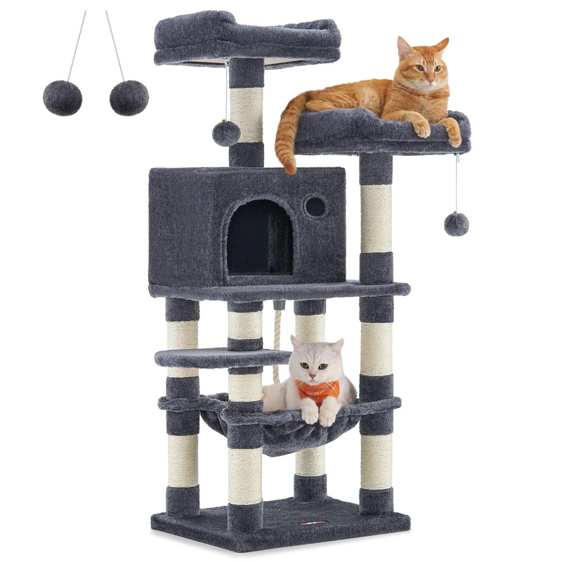 FEANDREA Cat Tree, Stable Cat Tower, 2 Plush Perches, 112cm, Smoke Grey PCT215G01