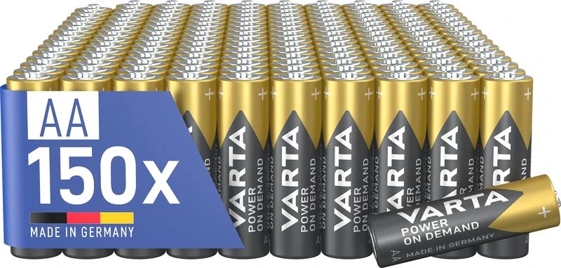 VARTA Batteries AA, pack of 150, Power on Demand, Alkaline, 1,5V, storage pack in environmentally friendly packaging, ideal for computer accessories, Smart Home devices, Made in Germany