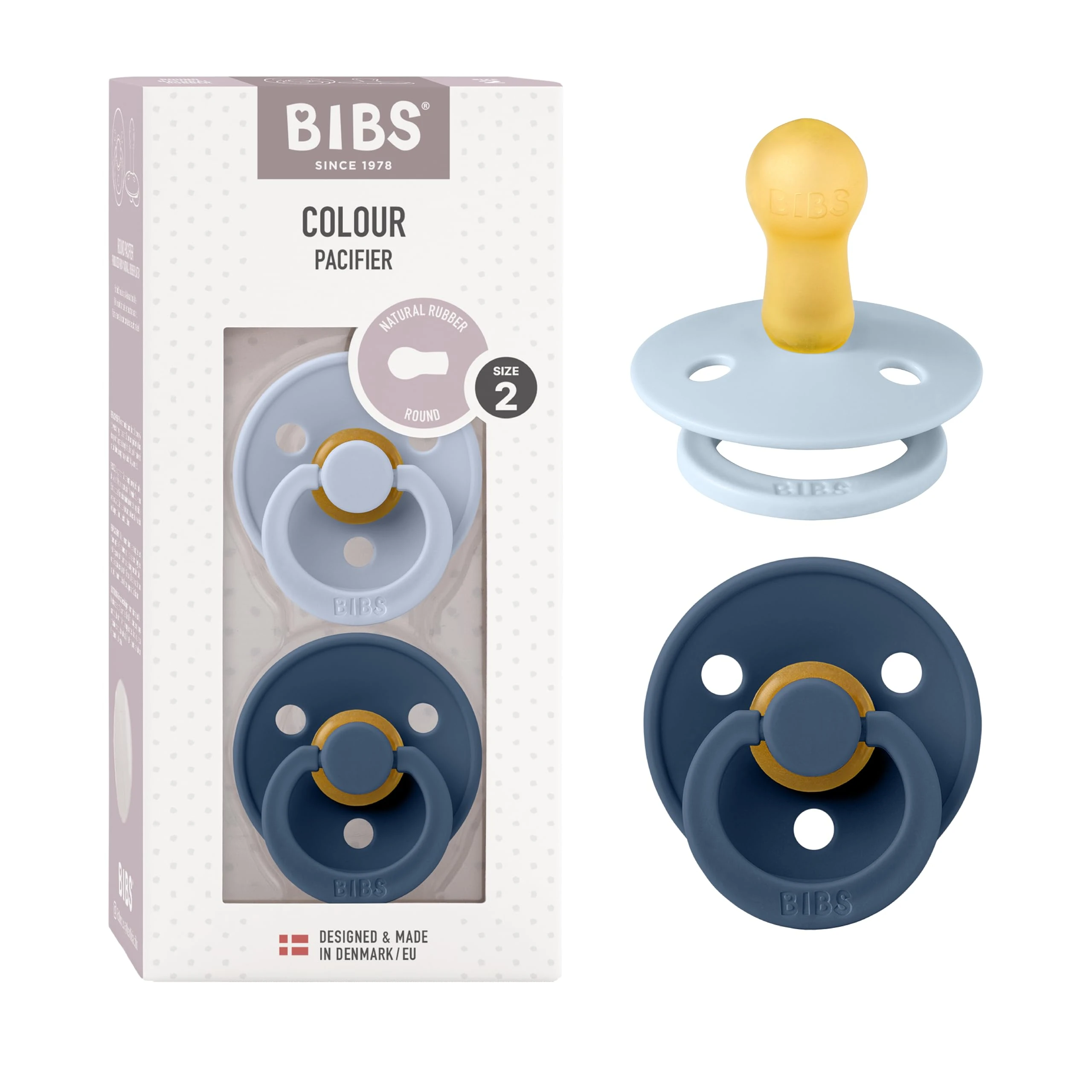 BIBS Colour Soother 2-Pack, BPA Free Dummy Pacifier, Round Nipple. Natural Rubber Latex, Made in Denmark. 6-18 Months (Pack of 2), Dusty Blue/Steel Blue