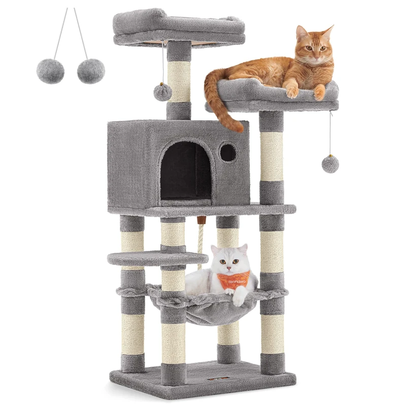 Feandrea Cat Tree, 112 cm Cat Tower for Indoor Cats, Multi-Level Plush Cat Condo with 11 Scratching Posts, Perches, Cave, Hammock, Pompoms, Light Grey PCT215W01