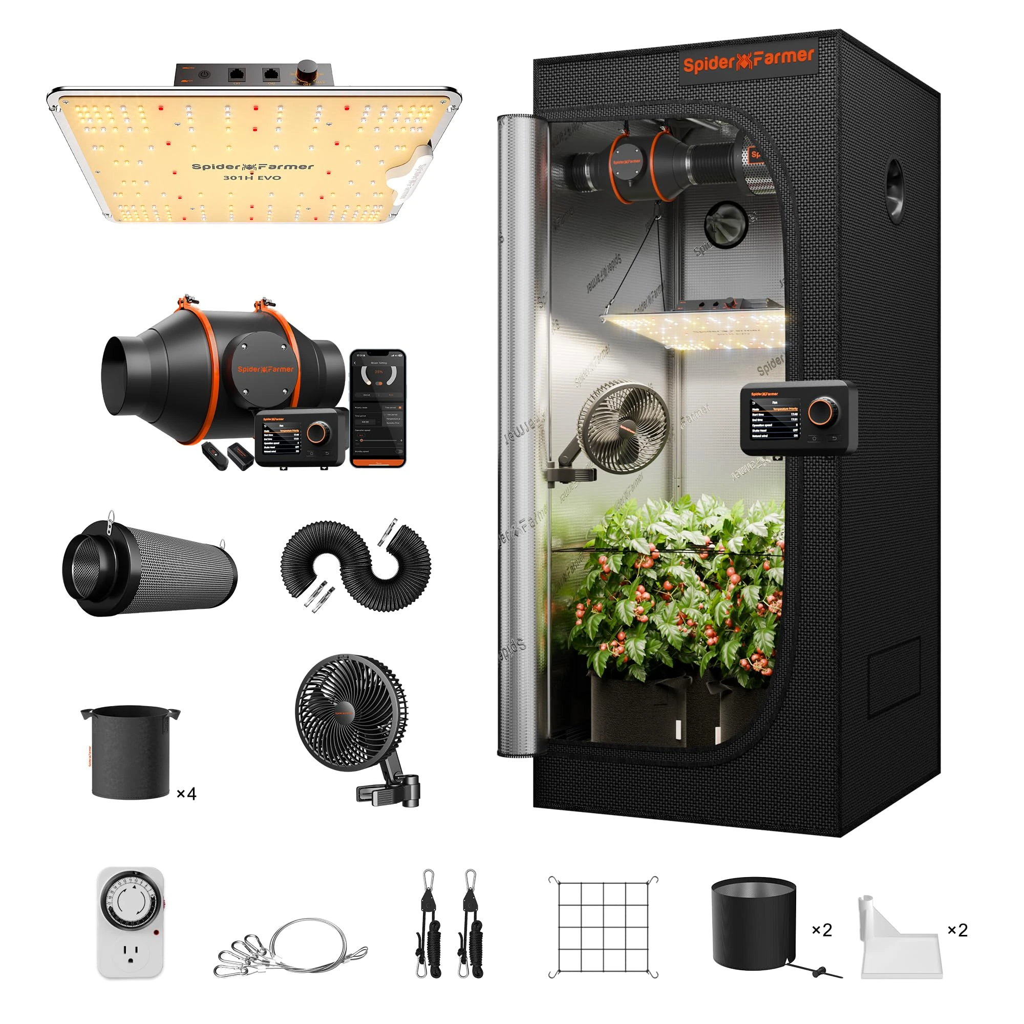 Spider Farmer SF1000 Samsung LM301H EVO Diodes Dimmable Grow Tent Kit 70x70x160cm Complete System 2.3x2.3ft With 4 Inch Inline Fan and Temperature Humidity Controller