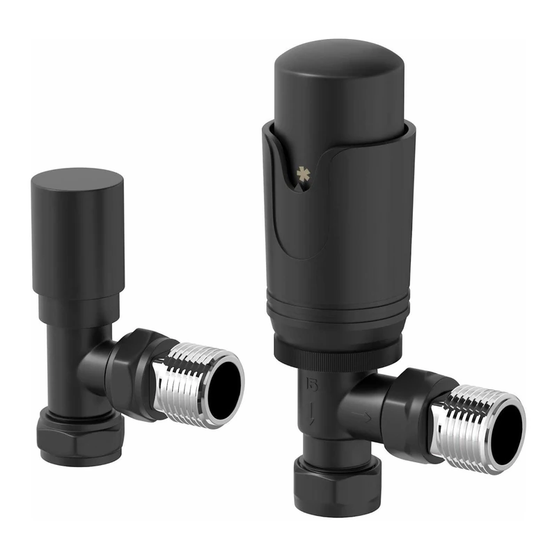 DuraTherm® Thermostatic Radiator Valve Pack Set, 15mm Lockshield TRV & Thermostat, Matte Black Valves for Radiators, Angled