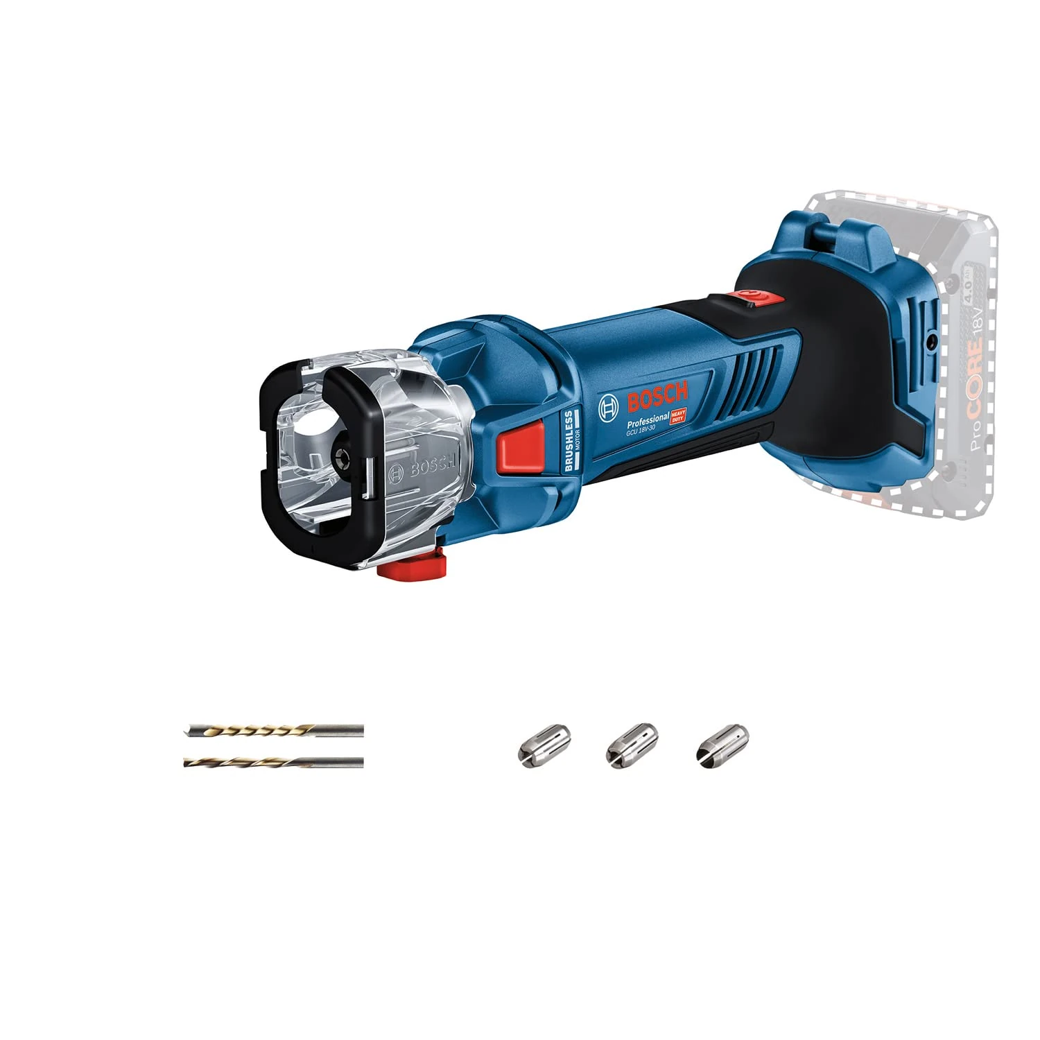 Bosch Professional 18V System Cordless Spiral Saw GCU 18V-30 (30,000 min-1 brushless Motor, incl. 3X Collet, Extraction Adapter, 1x Spiral and 1x Multipurpose Cutter 1/8", Without Battery/Charger)