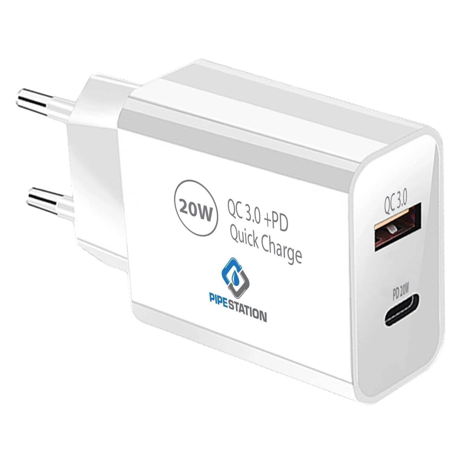 Pipestation 20W European USB Charger Plug with USB-C Fast Charger | European Portable Universal Travel Adapter for Spain, Italy, Greece, France, Europe | EU Plug to 2-Pin Euro Adaptor