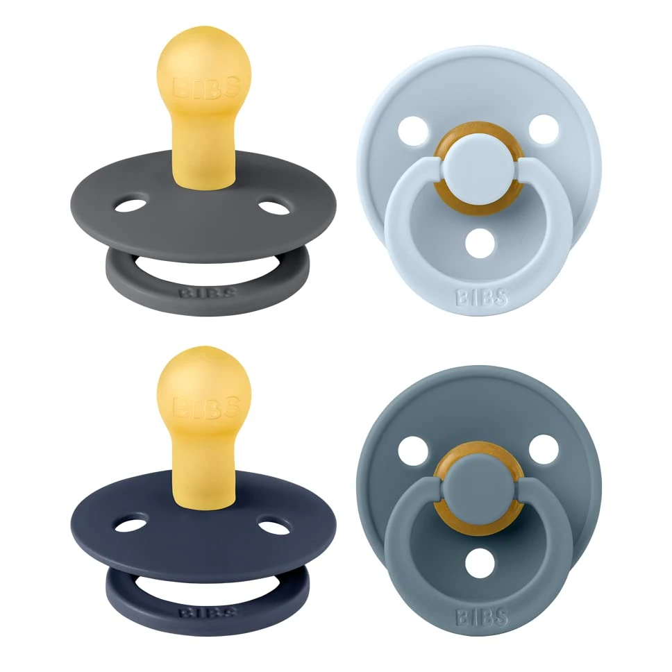BIBS Dummies Colour 4-Pack, BPA Free Dummy Pacifier, Round Nipple Soothers, Natural Rubber Latex, Made in Denmark. 0-6 Months (Pack of 4), Deep Space Mix