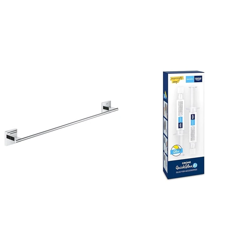 GROHE Start Cube Towel Rail with GROHE QuickGlue A2 – Bathroom Wall Mounted Towel Holder (Metal, Concealed Fastening, Including Screws and Dowels), Size 600 mm, Extra Easy to Fit, Chrome, 41089000
