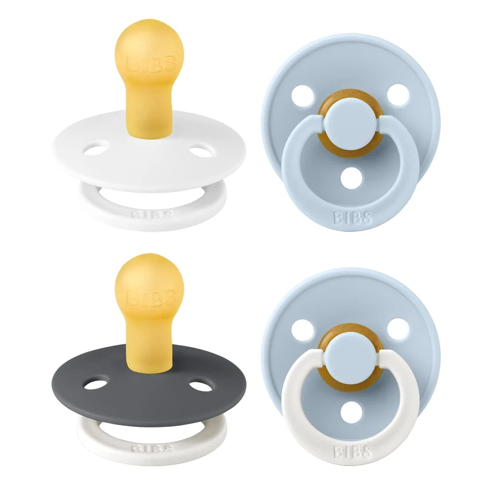 BIBS Dummies Colour 4-Pack, BPA Free Dummy Pacifier, Round Nipple Soothers, Natural Rubber Latex, Made in Denmark. 0-6 Months (Pack of 4), White Glow Mix
