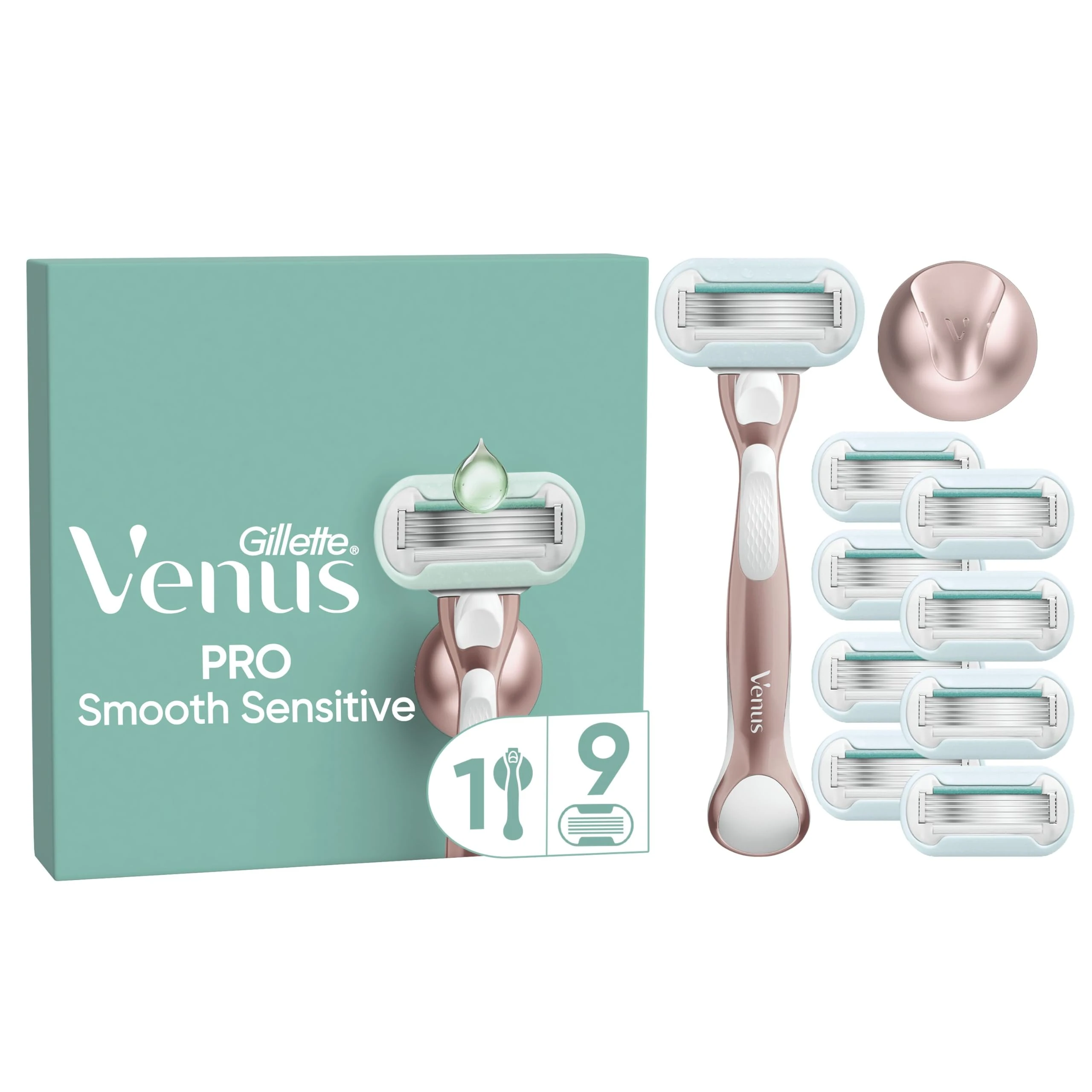Gillette Venus Pro Smooth Sensitive RoseGold Women's Razor- 9 Blade, 5 Diamond‐Like Coated Blades