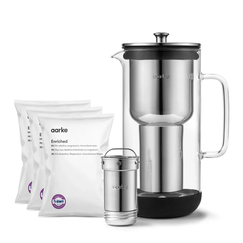 Aarke Purifier, Water Filter Jug in Glass and Stainless Steel (2.4L/10 Cups) + 3-Pack Enriched Filter Refill Bags