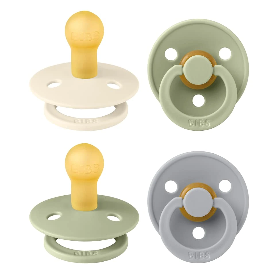 BIBS Dummies Colour 4-Pack, BPA Free Dummy Pacifier, Round Nipple Soothers, Natural Rubber Latex, Made in Denmark. 0-6 Months (Pack of 4), Sage Mix