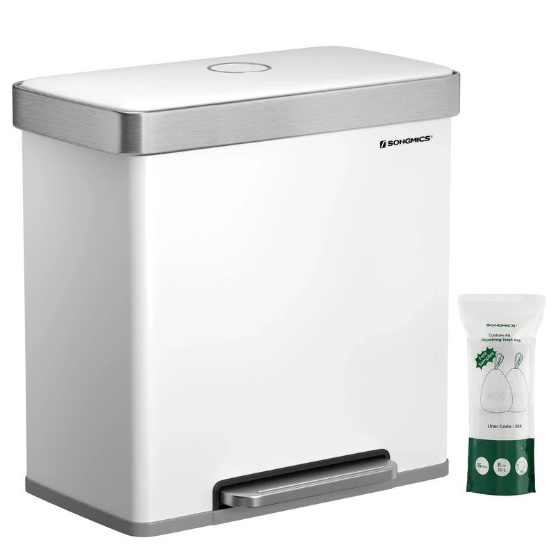 SONGMICS Kitchen Bin, 2 x 30L Stainless Steel Pedal Rubbish Bin with 15 Trash Bags, Recycling and Waste, with Plastic Inner Buckets, Lid, Soft Closure, 58.2 x 31.5 x 60.5 cm, White LTB202W01