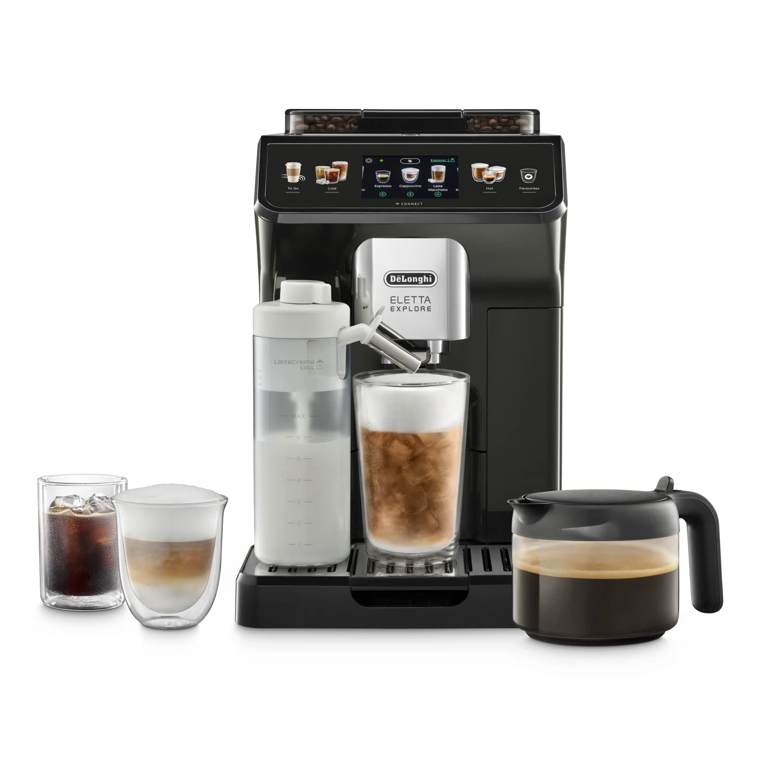 De'Longhi Eletta Explore Cold Brew ECAM452.67.G, Barista Coffee Machine with LatteCrema Hot and Cool, Espresso Machine, Automatic Coffee Bean Machine, Cold Extraction, Coffee Pot Included, Dark Grey