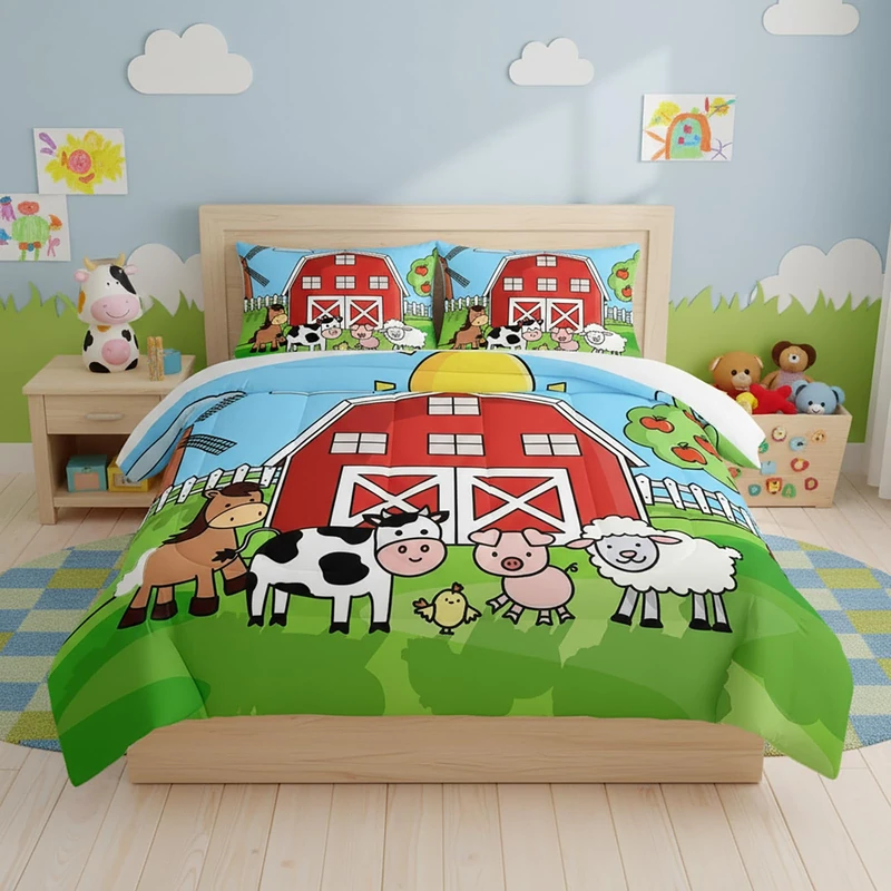 QOOMO Farm Animals Comforter Set for Kids Teens Girls Boys, Cartoon Animals 3Pcs Bedding Set with 2 Pillowcases, Down Alternative, Soft and Lightweight, Full Size