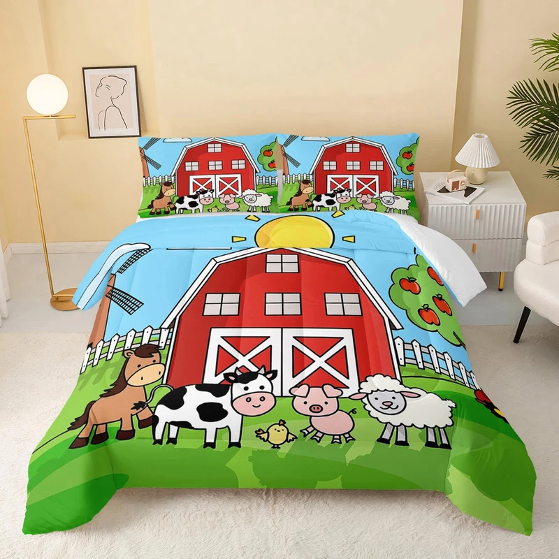 QOOMO Farm Animals Comforter,Farmhouse Comforter Set for Kids Teens Girls Boys,Cartoon Animals 3Pcs Bedding Set Printed Comforter with 2 Pillowcases,Down Alternative,Soft and Lightweight，Twin Size