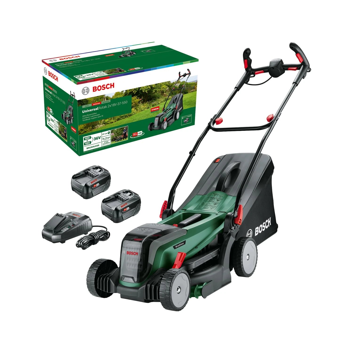 Bosch UniversalRotak Cordless Lawnmower 2x18V-37-550 (up to 500 m2 with 2x 4.0 Ah Batteries); 18 Volt System; Cutting Width: 37 cm; 2x 18 V 4.0 Ah Battery and Charger)