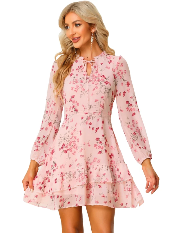 Allegra K Women's 2023 Summer Floral Layered Tiered Tie V Neck Semi Sheer Long Sleeve Chiffon Mini Dress, Pink, M