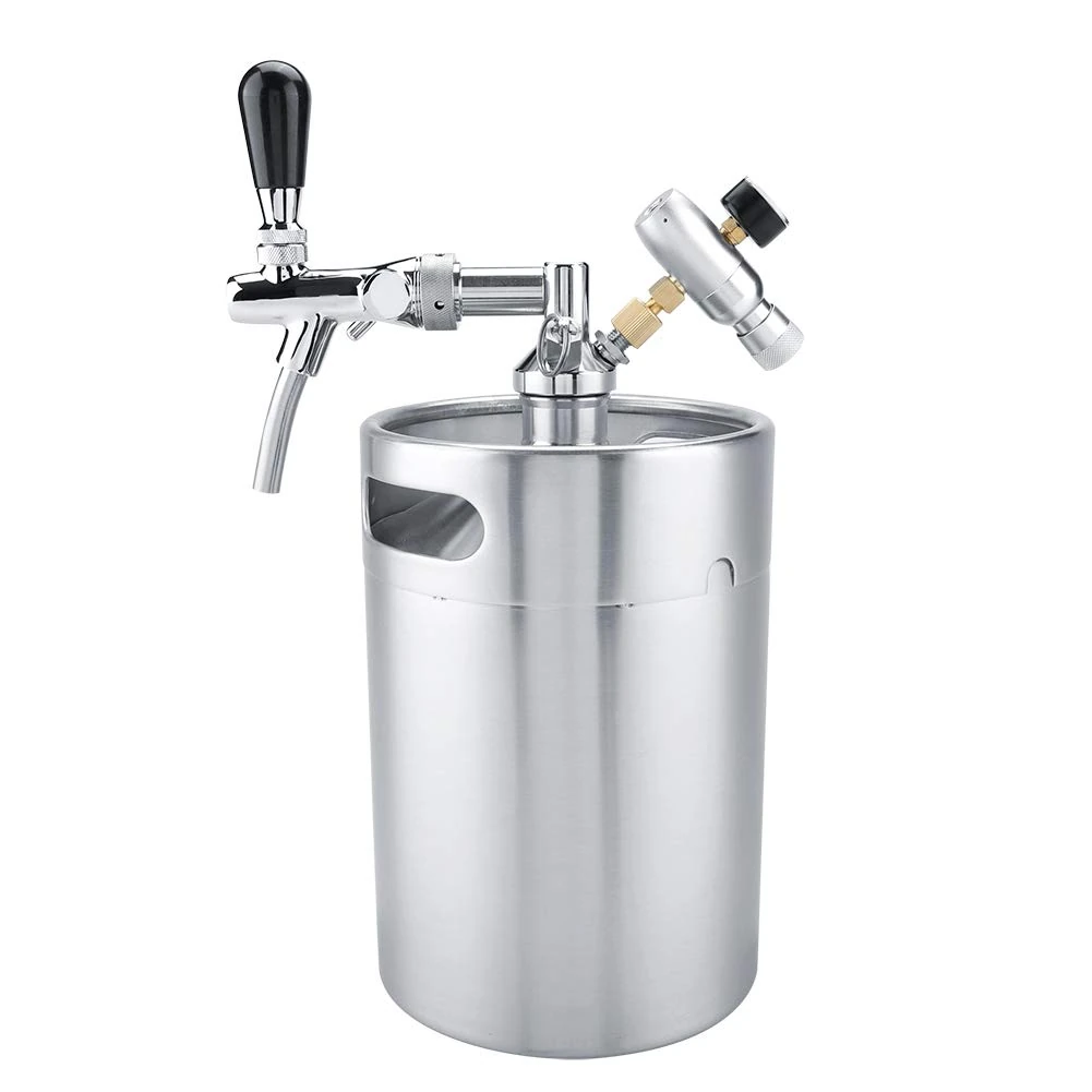 5L Mini Stainless Steel Beer Keg, Pressurized Growler with Pressure Gauge and Adjustable Faucet for Home Brewing Craft Beer Dispenser Set
