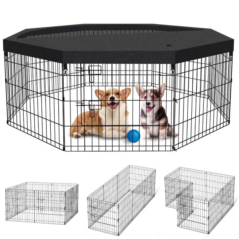 Dog Pen Pet Playpen Dog Fence Indoor Foldable Metal Wire Exercise Puppy Play Yard Pet Enclosure Indoor Outdoor 8 Panels 24 Inch with Bottom Pad/Top Cover (Grey with top Cover)