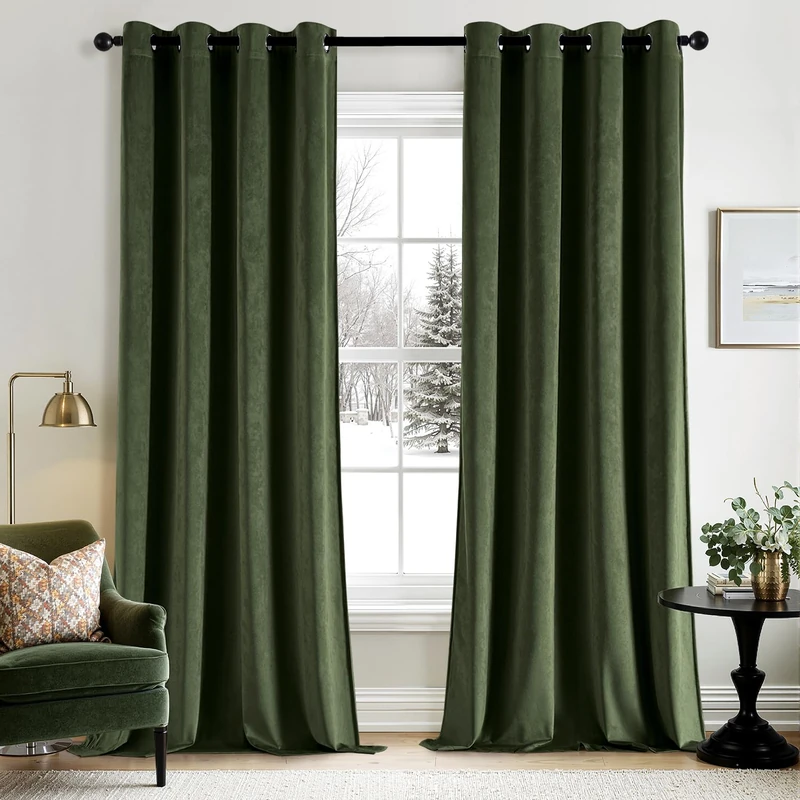 ANRODUO Olive Green Velvet Curtains 96 Inches Long Blackout Thermal Insulated Soundproof Curtain Privacy Room Darkening Curtains Grommet Window Drapes for Bedroom Living Room Set of 2