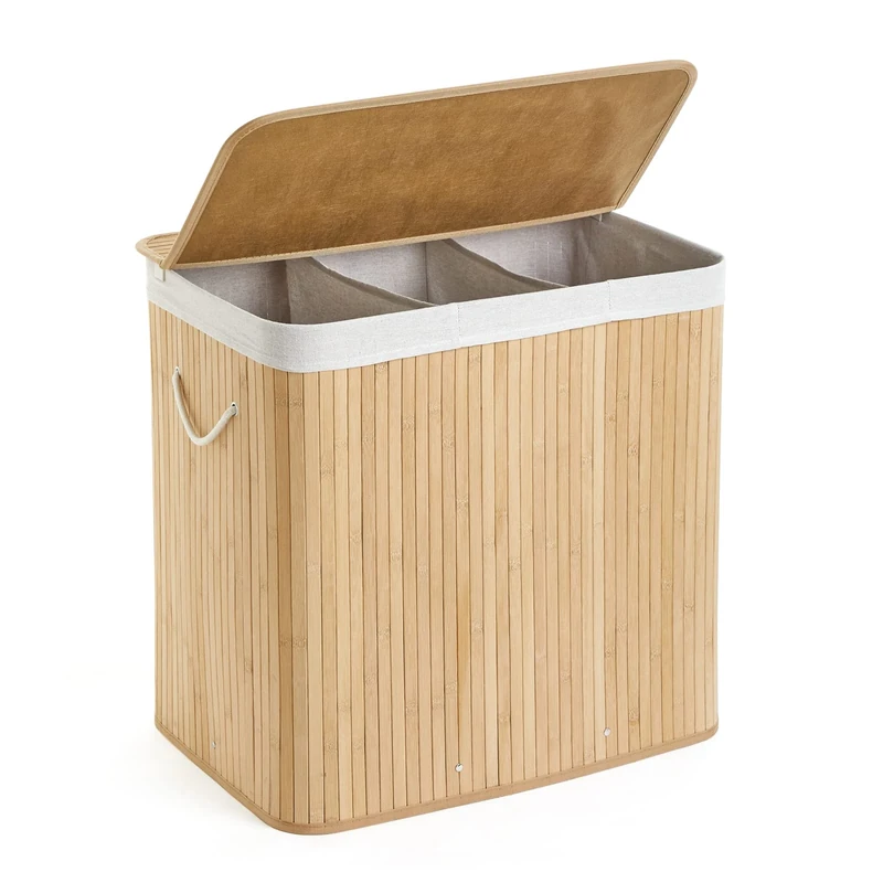 Mondeer Laundry Basket with Lid 150L, 3 Compartments Bamboo Laundry Hamper with Handles Removable Washable Lining, Foldable, for Bedroom Bathroom or Utility Room, 60 x 40 x 61 cm, Natural