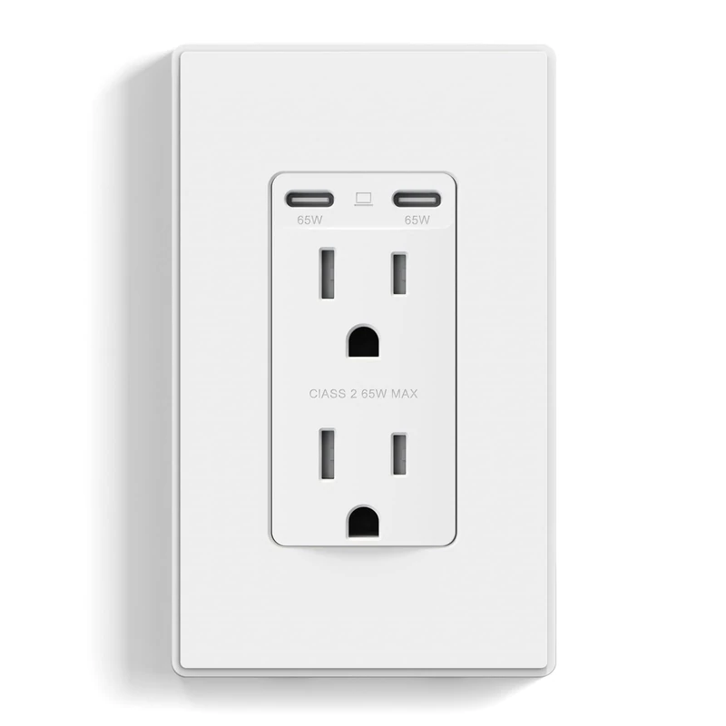ELEGRP 65W Ultra-Speed USB C Outlet Receptacle for Laptop, 15 Amp Wall Outlet with USB C Ports, Tamper Resistant USB Outlet, Wall Plate Included, UL Listed, 1 Pack, Matte White