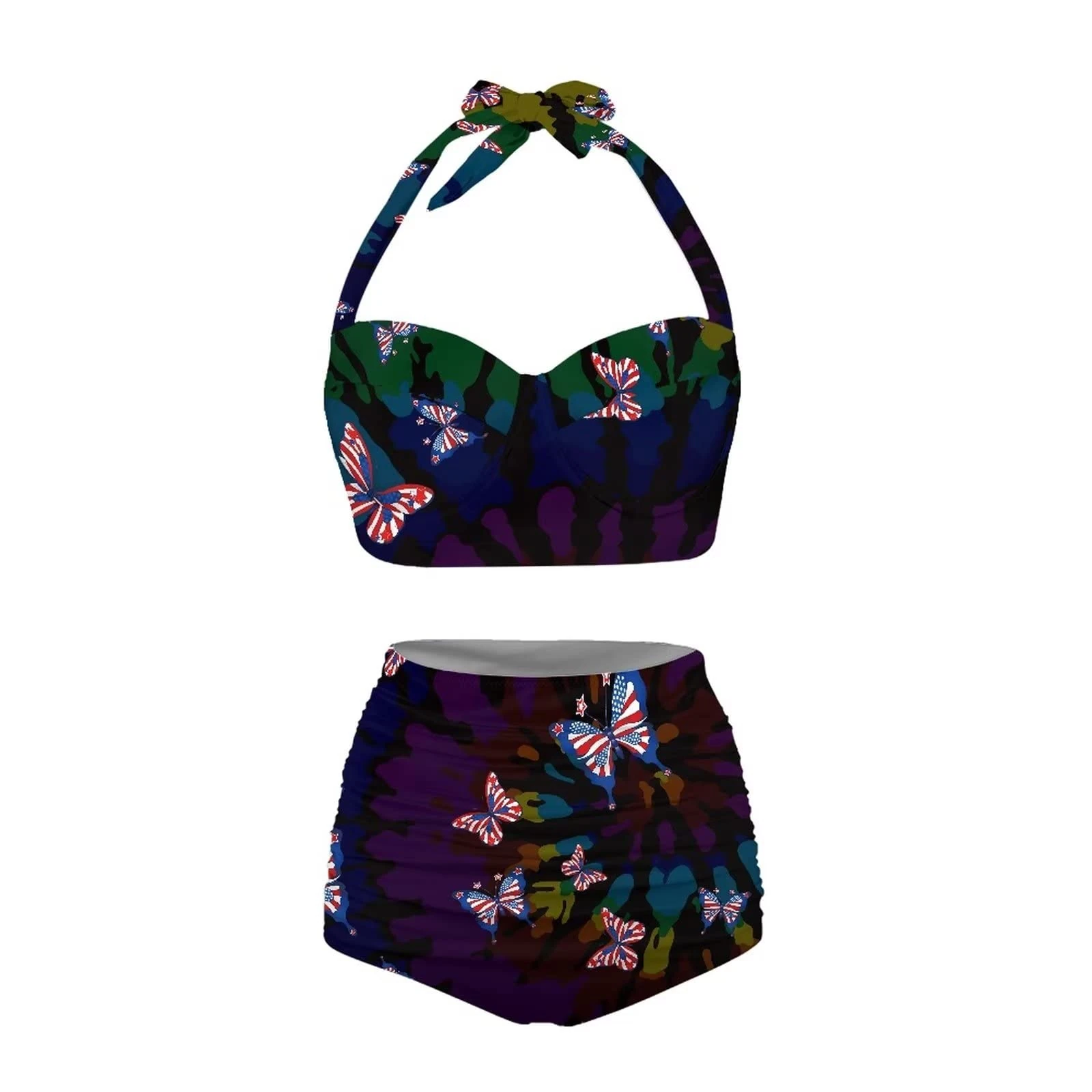 Howilath 2 Pcs Beach Wear American Flag Butterfly Black Swimsuit Halterneck Top and Bottom Comfy Tankini for Ladies-M