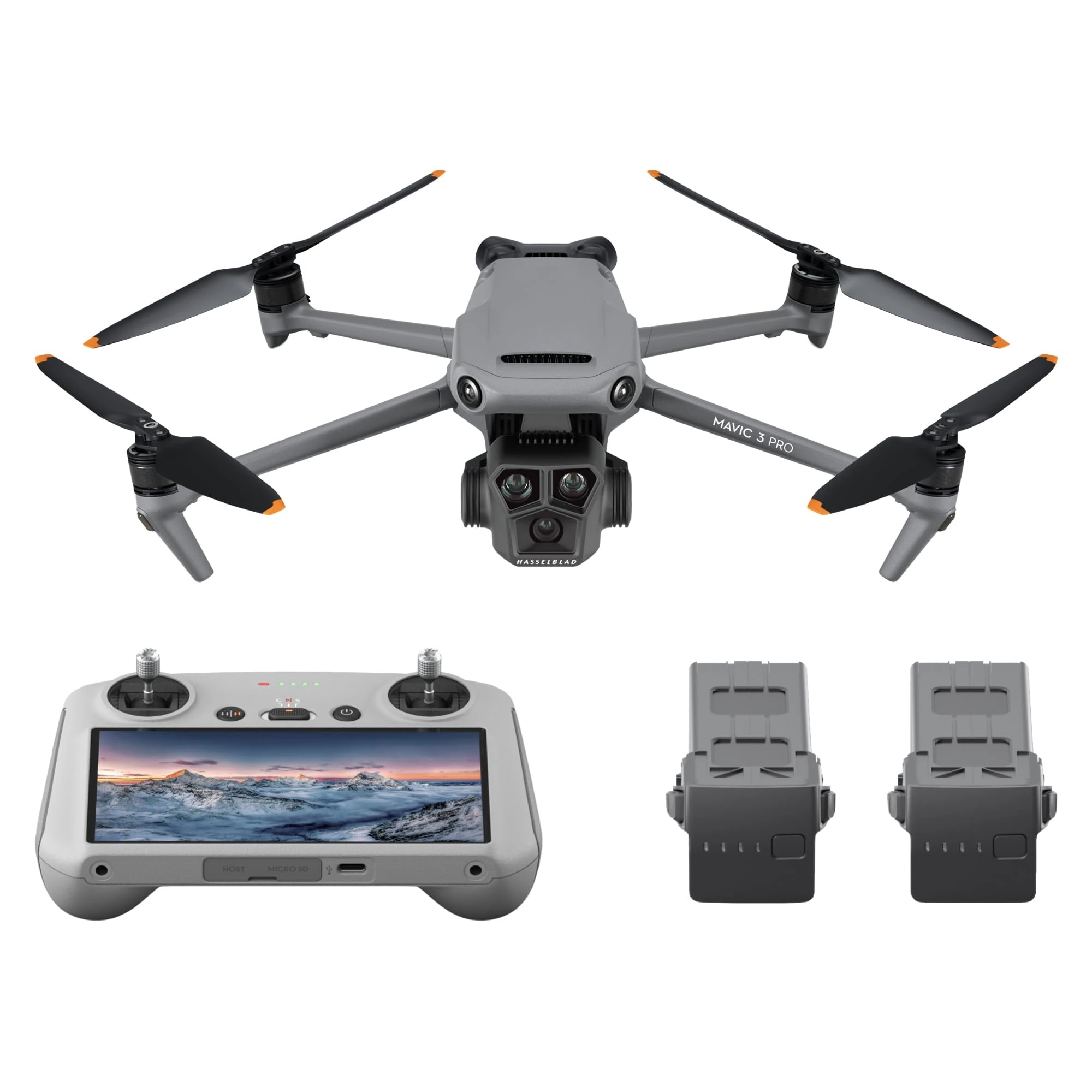 DJI Mavic 3 Pro Fly More Combo with DJI RC (screen remote controller), Flagship Triple-Camera Drone with 4/3 CMOS Hasselblad Camera, 15km Video Transmission, three Batteries, Charging Hub, and more