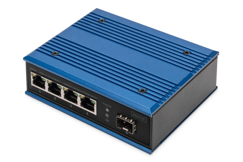 DIGITUS Network switch - 5-port Gigabit Ethernet - 4x RJ45 + 1x SFP port - unmanaged - 10/100/1000 Mbit/s - top-hat rail & wall mounting - IP40 - Industrial series - blue