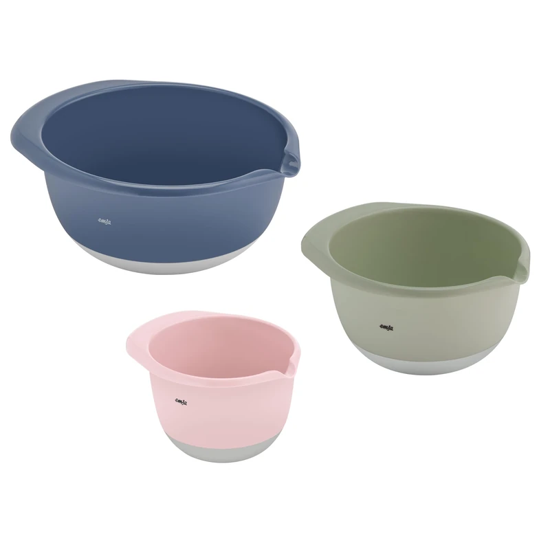 Emsa Prep&Bake 3-Piece Plastic Mixing Bowl Set, 1.4 + 2.8 + 4.7 litres, Non-Slip Base, Stackable, Pink, Green, Blue, K324S334