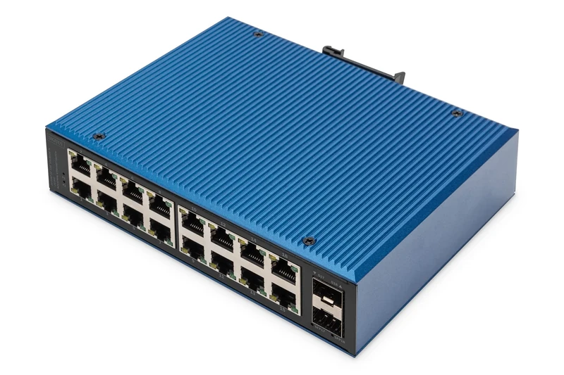 DIGITUS Network Switch - 18-port Gigabit Ethernet - 16x RJ45 + 2x SFP port - Unmanaged - 10/100/1000 Mbit/s - DIN rail & wall mounting - IP40 - Industrial series - Blue